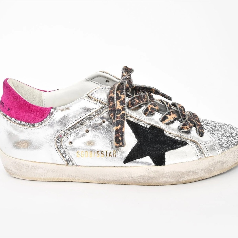 Golden Goose Silver Sneakers with Black Star and Leopard Laces